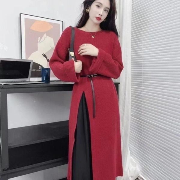 Pulls pour femmes Automne Hiver Robe longue tricotée côté fendu genou longueur pull pull vintage streetwear mode coréenne sexy femmes