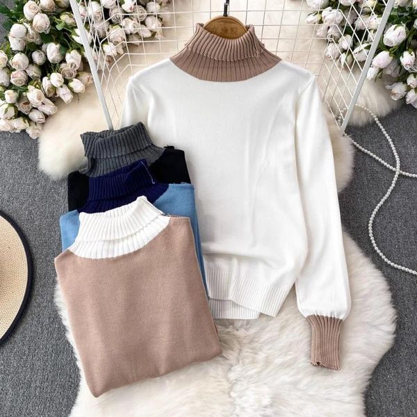 Suéteres de mujer Otoño Invierno Invierno Camina larga Turteck Colors Contrasted Colors Contrasted Basic Top Girl's Sweater Sweater Mujeres