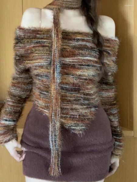 Suéteres de mujer Otoño Invierno Manga larga Top Cinta Una línea Escote Suéter Encanto Irregular Jersey Pura Contraste Moda POIF
