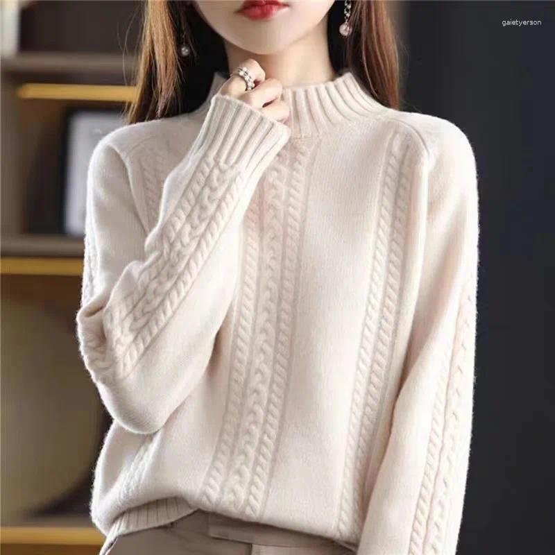 여자 스웨터 가을 겨울 모의 목 목 스웨터 여성 단색 트위스트 바닥 한국 패션 느슨한 긴 소매 니트웨어