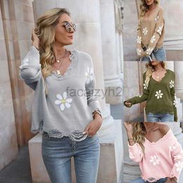 Pulls de femmes automne / hiver Nouveau manche longue à manches longues lâches petites fleur en V Pull pull en t-shirt de mode de mode