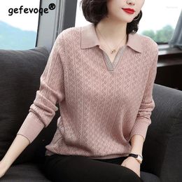 Suéteres de mujer Otoño Invierno Polo-cuello Ahueca hacia fuera el suéter ocasional flojo Señoras de gran tamaño Moda All-match Jumpers Diamantes Tejer Top