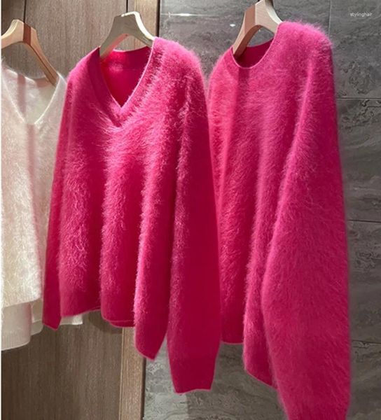 Damestruien Herfst Winter Roze Rood Nertsen Kasjmier Losse trui Chique Mode Dames V-hals Zacht Mohair Gebreide dikke warme trui Trui