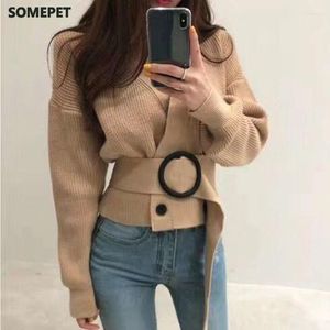 Pulls pour femmes automne hiver Streetwear à manches longues croix col en v pull en tricot avec ceinture décontracté mode Double boutonnage haut mince