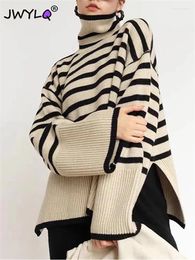 Suéteres de mujer otoño invierno cuello alto abertura lateral raya costura suéter suéter moda coreana suelta punto casual streetwear tops