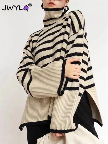 Pulls pour femmes Automne Hiver Col roulé Côté Fente Stripe Couture Pull Pull Mode Coréenne Lâche Tricoté Casual Streetwear Tops