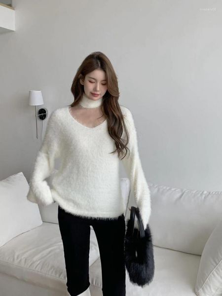 Pulls pour femmes Automne Hiver Blanc Paresseux Vent Lâche Pull Pull En Tricot Femmes Col En V Mode Tempérament Polyvalent Noir Velours Épais