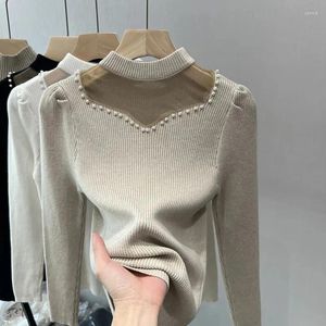 Pulls pour femmes Automne Hiver Femmes Perles Pull Mode Élégant Maille Tricoté Jumper Femelle Couleur Solide All-Match Demi-Col Roulé