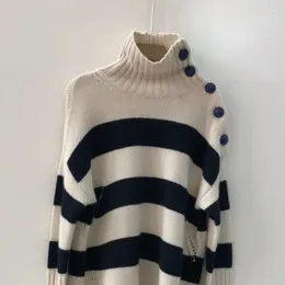 Pulls pour femmes Automne Hiver Femmes Cachemire Col Roulé Lâche Épais Bleu Rayé Pull Polyvalent