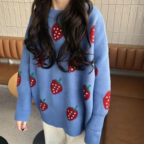 Pulls pour femmes Automne Hiver Femmes Casual Pull Pull Coréen Frais Fraise Broderie Tricoté Jumper Mignon Kawaii Tops