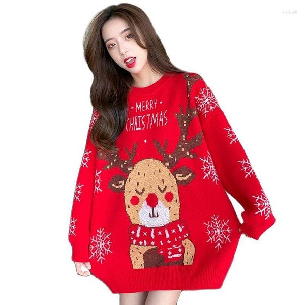 Pulls pour femmes Automne Hiver Femmes Mignon Noël Elk Flocon de Neige Lettre Lâche Manches Raglan O-cou Long Style Femme Casual Chandail Tops