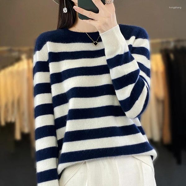 Pulls pour femmes Automne Hiver Femmes Fine Laine Mérinos Pull O-Cou Stripe Couleur Correspondant Pull Cachemire Casual Tricoté Soft Top