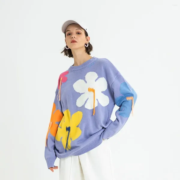 Pulls pour femmes Automne Hiver Femmes Peinture à l'huile Pull en vrac Japonais Violet Col rond Pull Floral Tricoté Fleur Top en tricot