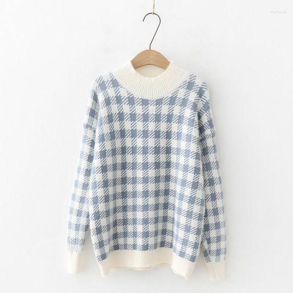 Pulls pour femmes Automne Hiver Femmes Pull Col Rond Plaid À Manches Longues Pull Tricoté Étudiant Casual Collège Style Bas Jumper Tops