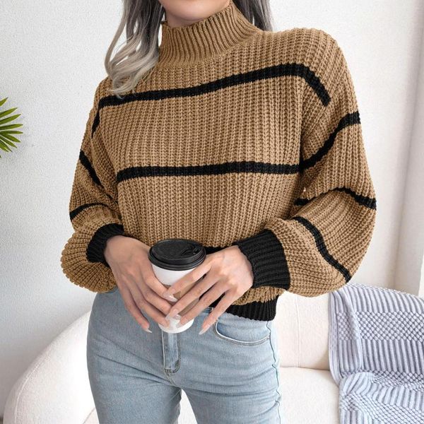 Suéteres para mujer Otoño Invierno Mujeres Suéter estampado a rayas de gran tamaño Manga larga Casual Cuello alto Túnica lateral Jersey Tops de lana