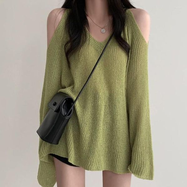 Suéteres de mujer Otoño Mujer Verde Sexy Fuera del hombro Cuello en V Manga larga Suéter delgado Suéter Viento suave Moda Suelta Top