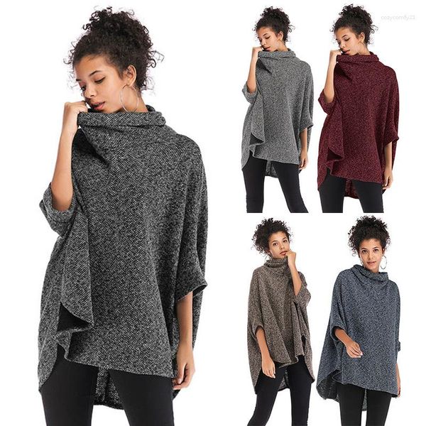 Pulls pour femmes automne femmes col haut couleur unie cape irrégulière tricoté à manches longues châle épais manteau tricots pull