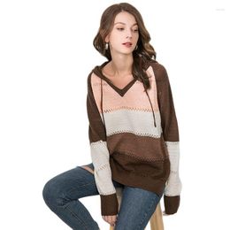 Dames Truien Herfst Vrouwen Patchwork Hoodies Lange Mouw V-hals Gebreide Sweatshirts Met Capuchon Vrouwelijke Casual Losse Gestreepte Trui Tops