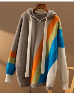 Pulls pour femmes AutomneHiver arc-en-ciel incrusté lâche et épais à capuche 100% pur cachemire pull à capuche pour femmes à manches longues 230131