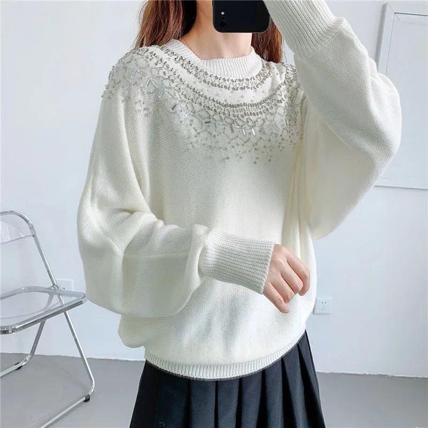 Suéteres de mujer suéter de manga de murciélago con cuentas mujeres de gran tamaño 2023 ropa de moda para mujer cuello redondo jersey blanco Tops