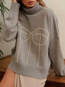 Suéteres de mujer Rebordear Pearl Turtleneck Suéteres Mujeres Otoño Cálido Suave Blanco Manga larga Mujer Punto Jersey Chic Flojo Casual Lady Tops T231118