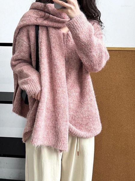 Suéteres de mujer Beige con bufanda suéter tejido de gran tamaño con cuello en V manga larga jerseys de mujer moda Primavera otoño O846