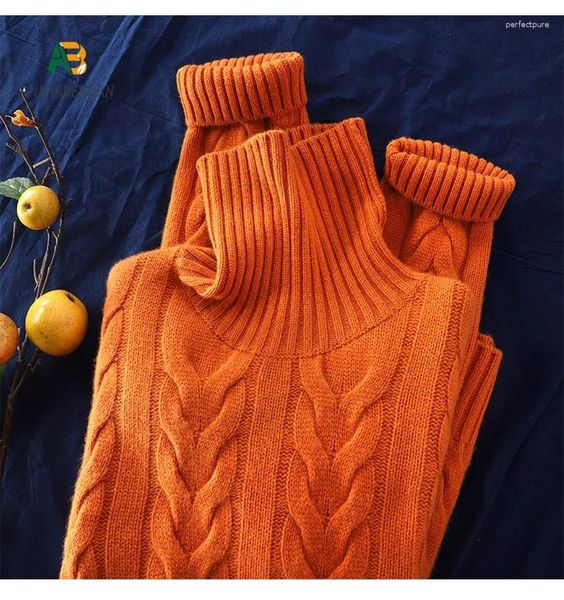 Suéteres de mujer Big Love Pumpkin-Orange Heavy Cashmere Sweater Tridimensional Trigo-Pin Cuello alto Suelto