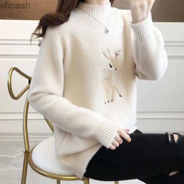 Chandails pour femmes Biyaby broderie cerf chaud pulls femme 2023 automne hiver demi-col haut pull en tricot femmes coréen lâche chemisier à manches longues YQ231209