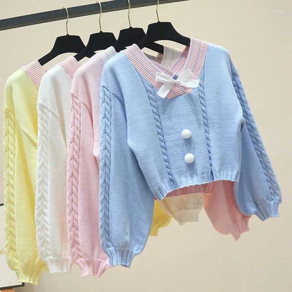 Pulls de femmes Biyaby Kawaii Poulain tricoté court Sweet Candy Color-Colore V Pullover 2024 Spring Leisure Lantern Sheve S