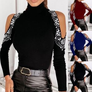 Pulls pour femmes noir bleu vin Sexy à manches longues hors épaule tricoté dames pull automne hauts diamants col montant femmes pull