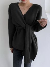 Suéteres de mujer Suéter de punto negro Mujeres Francés Elegent Moda Cruz Vendaje Jersey Mujer Otoño Invierno Casual Manga larga suelta
