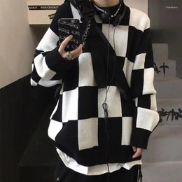 Suéteres femininos preto branco xadrez de malha topo coreano vintage casual oversize camisola y2k streetwear inverno harajuku estilo gótico feminino