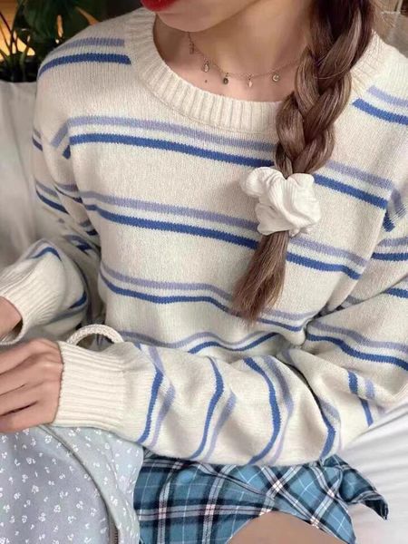Suéteres de mujer Rayas azules Suéter de punto dulce Otoño Cuello redondo Manga larga Casual Lindo Jersey Top para mujer Estilo Harajuku Preppy
