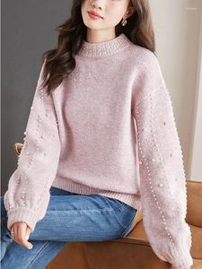 Pulls pour femmes Bobokateer Pull à col montant Femmes Faux Pearl Trim Pull à manches longues Jumper Femme Sueters de Mujer Moda Casual Knit