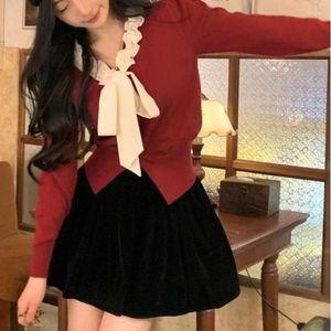 Pulls pour femmes Bow Ruffles Femmes Cardigans Automne Hiver Mode coréenne Chic Doux Élégant Patchwork Sueter de Mujer