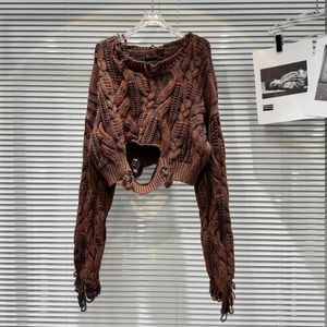 Pulls pour femmes, pull en tricot torsadé à trous marron, motif rugueux usé, tricot Y2K, hauts pulls