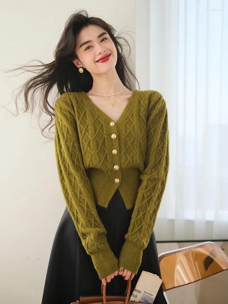 Pulls pour femmes Câble Modèle Vert Cardigan tricoté pour femmes 2023 Automne Hiver Manches longues à manches longues Slim Tunique Pull court