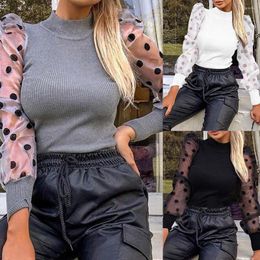 Pulls pour femmes Camisa De Manga Larga Esponjosa Malla Para Mujer Camiseta Informel Suelta Elegante Cuello Alto Dot Party Club Ropa Suave