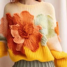Damestruien Snoepgeel Vintage gebreide truien Dames Top Herfst en Witnter Elegant en geavanceerd Losse 3D-bloemtruien Dameskleding 231109