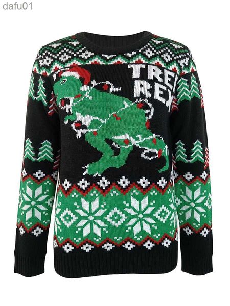 Suéteres de mujer Caoirhny Mujeres Suéter de punto de Navidad Manga larga Cuello redondo Dinosaurio Árbol de Navidad Estampado Jersey KnitwearL231024