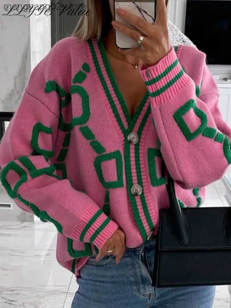 Chandails pour femmes Cardigan pour femmes vert rayé rose tricot bouton dame cardigans pulls col en v lâche décontracté hiver 2022 manteau tricoté mode T231027