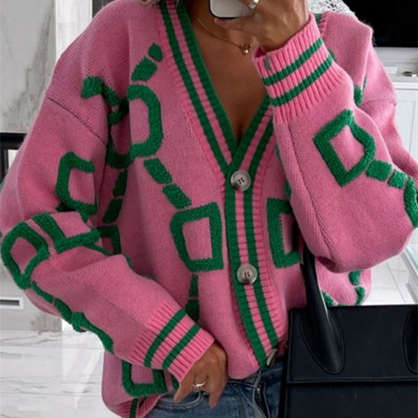 Pulls pour femmes Cardigan pour femmes vert rayé rose tricot bouton dame cardigans pulls vneck lâche décontracté hiver manteau tricoté mode 220920