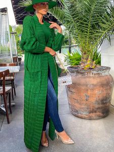 Femmes chandails Cardigan femmes vert tricoté Crochet ample à manches longues femme pull 2023 automne hiver chaud décontracté bureau dame longue