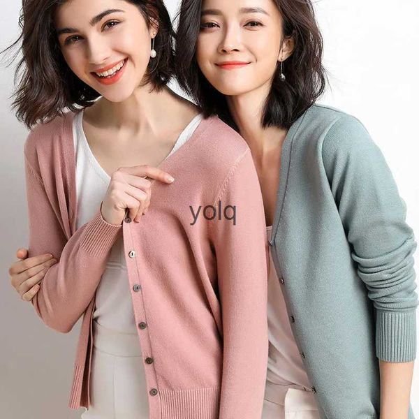 Pulls pour femmes Cardigans Femmes 2023 Automne Simple Boutonnage V-NE Pull tricoté Mode Court Tricots Solide Bleu Vert Rose Jumpersyolq