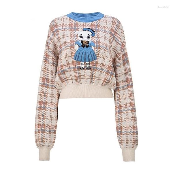 Pulls Femme Dessin Animé Brodé Plaid Tricot Pull Pull Femmes Élégant Mode Chic Dames Tricots Hauts Automne Hiver À Manches Longues