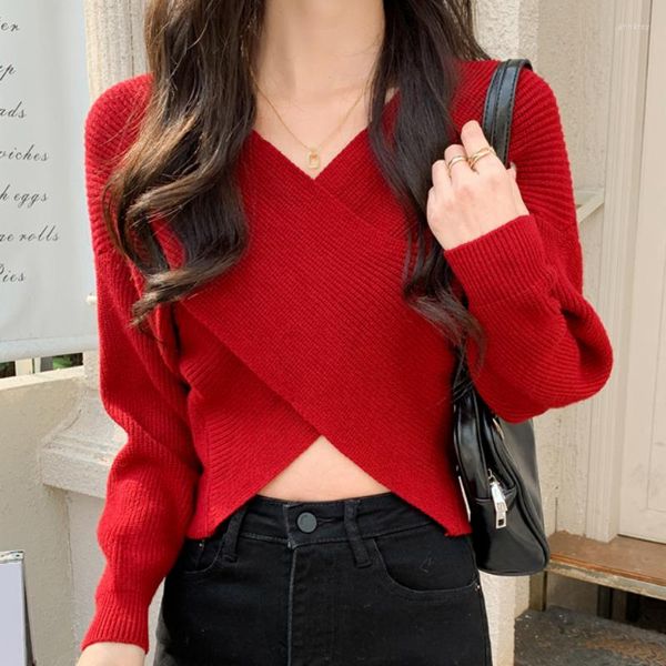 Suéteres de mujer Casual rojo entrecruzado suéter de punto mujer moda cuello en V corto Otoño Invierno 2023 manga larga Y2K pulóveres 28010