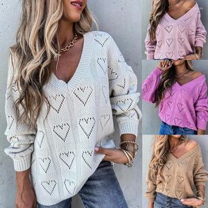 Pulls pour femmes Casual Solid Color Pull Femmes Jumper Pull Tops Fashion Lady Creux Out Coeur Forme V Col Côtelé Tricoté S-2XL