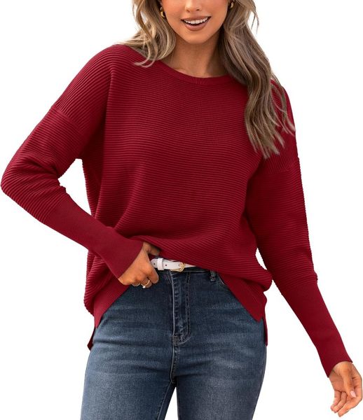 Suéteres de mujer Casual mujer 2023 otoño suéter de manga larga acanalado jersey de punto suelto cuello redondo Batwing Split suéter