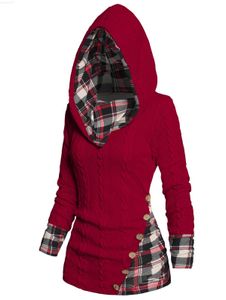 Pulls pour femmes Casual Sweat à capuche pour femme Pulls à manches longues Câble torsadé Hauts en tricot Plaid Print Pull à capuche pour femme Printemps Hiver L230718