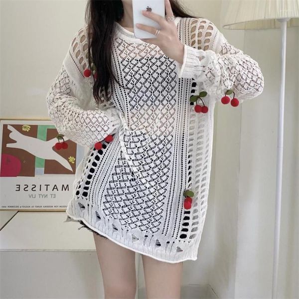 Pulls pour femmes Cherry Loose Knit Tops Printemps Été Vintage Sexy Transparent Beach Cover Up Hollow Out Crochet Dentelle Femmes À Manches Longues